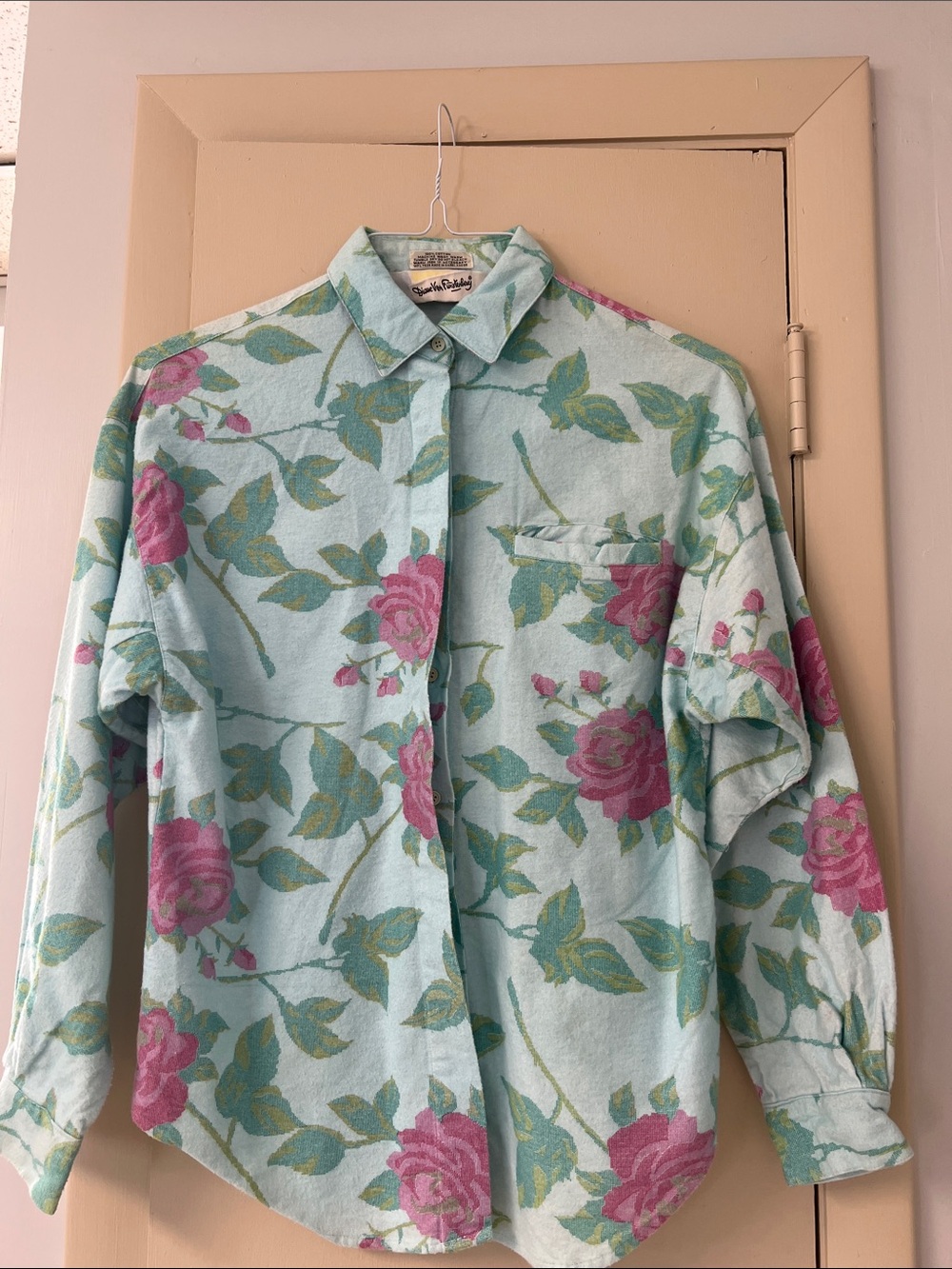 Diane Von Furstenberg Mint Button-Down Shirt with Pink Rose Print